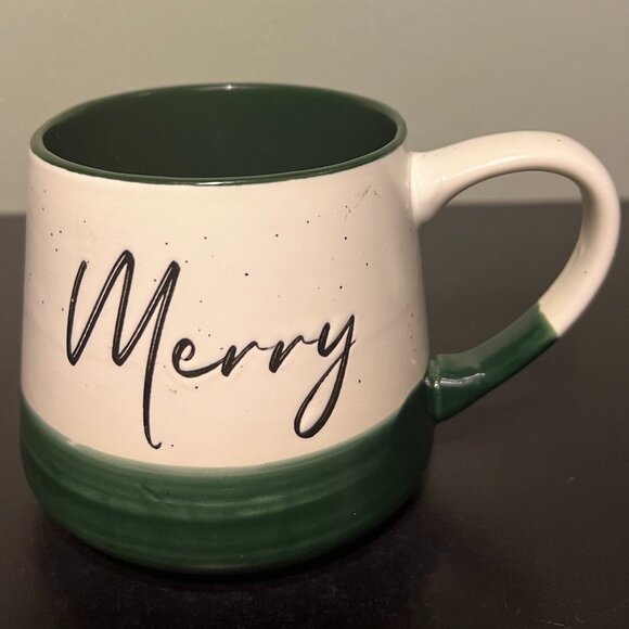 Peppermint & Pine MERRY Matte Off-white  with Green Glossy Glaze Stoneware Mug - Picture 2 of 8
